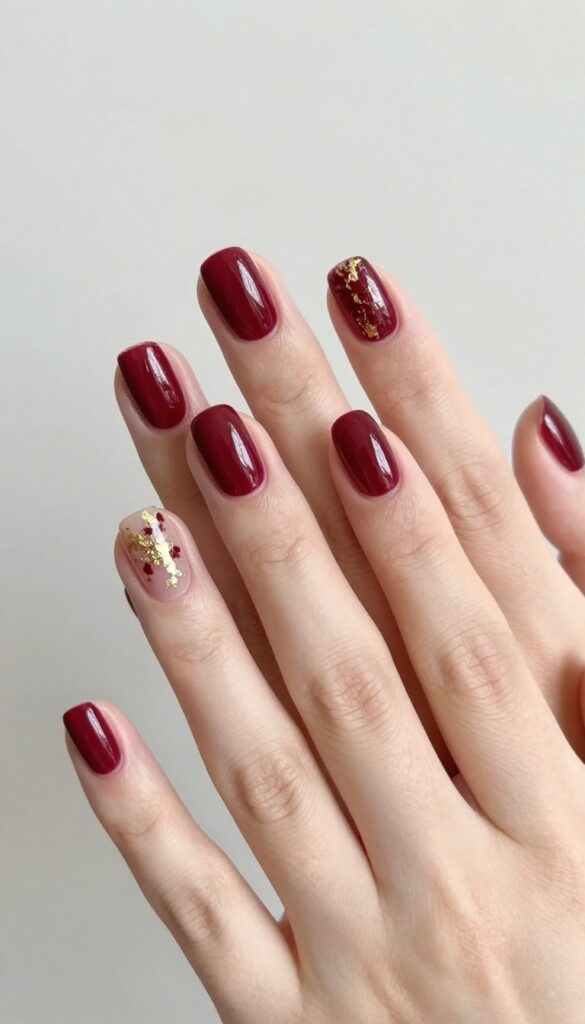 Cranberry nails with gold foil accent on two nails, rounded squoval shape, fall manicure.