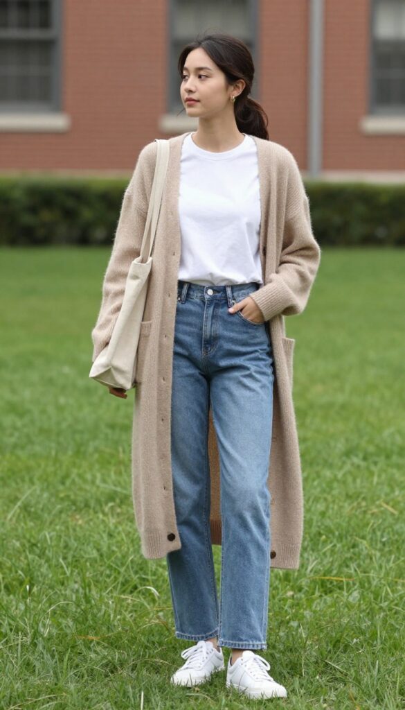 2. Soft Knit Cardigan with Straight-Leg Jeans