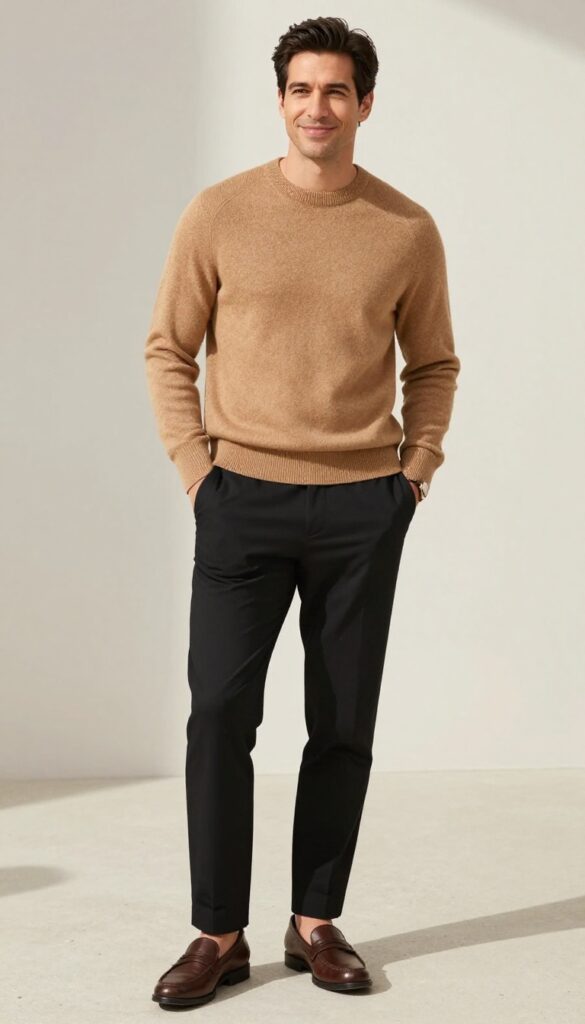 6. Camel Sweater and Black Trousers