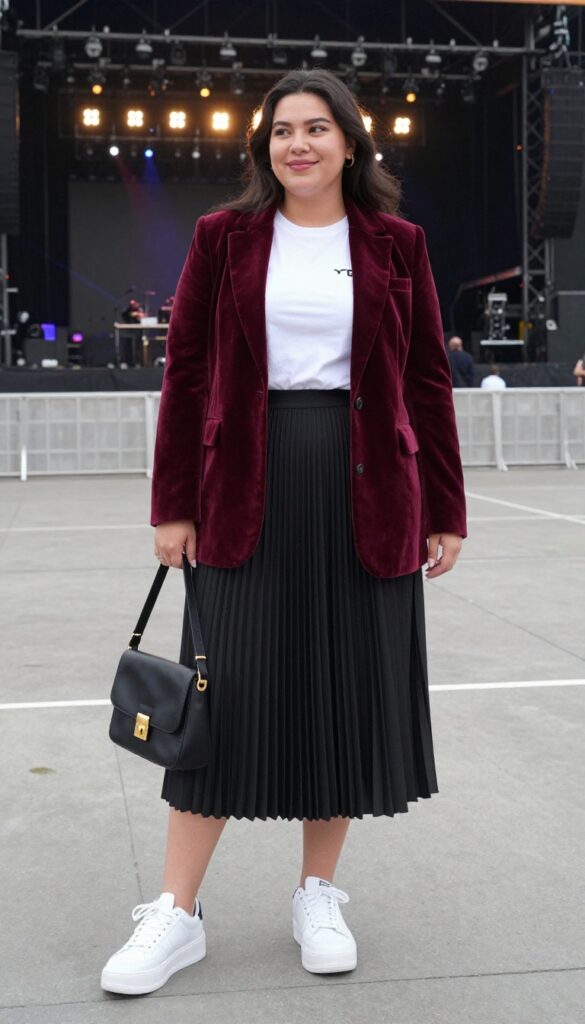 5. Velvet Blazer with a Graphic Tee and Pleated Skirt