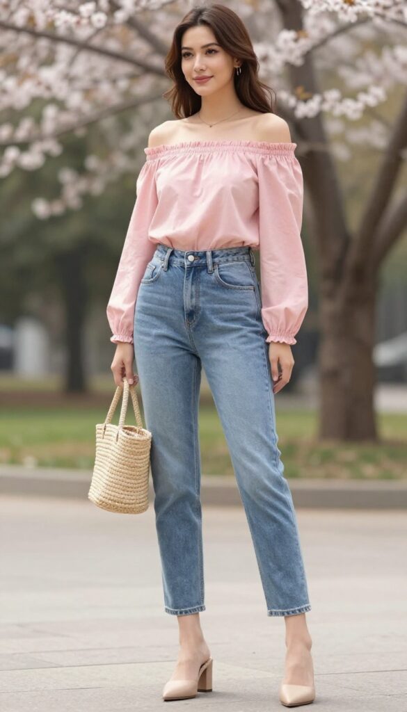 9. Off-Shoulder Top and Mules