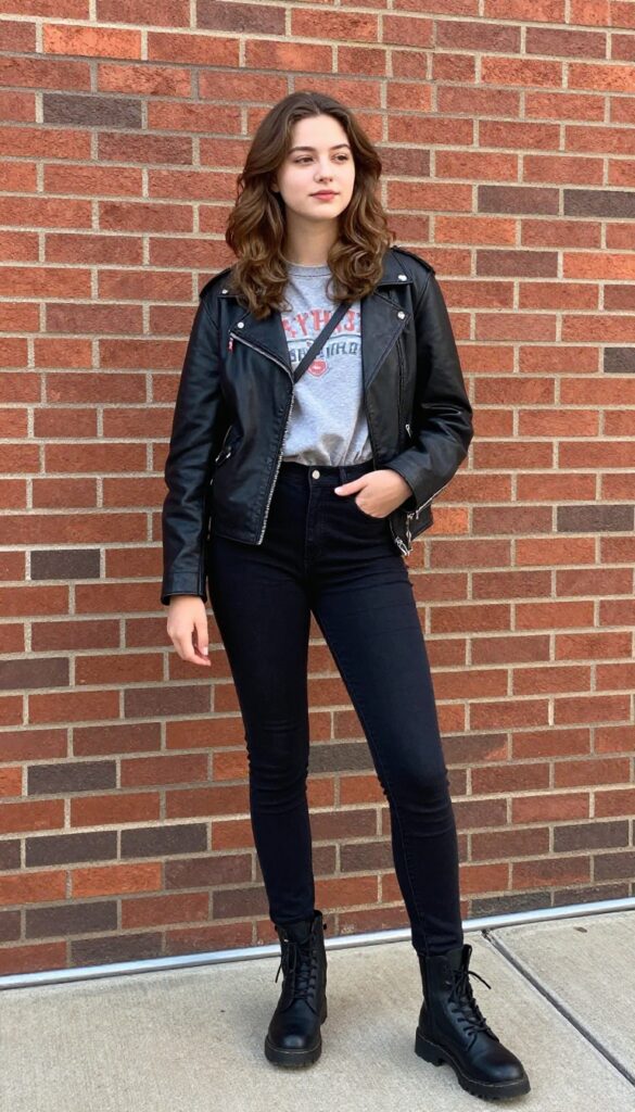 12. Leather Jacket, Band Tee, and Skinny Jeans