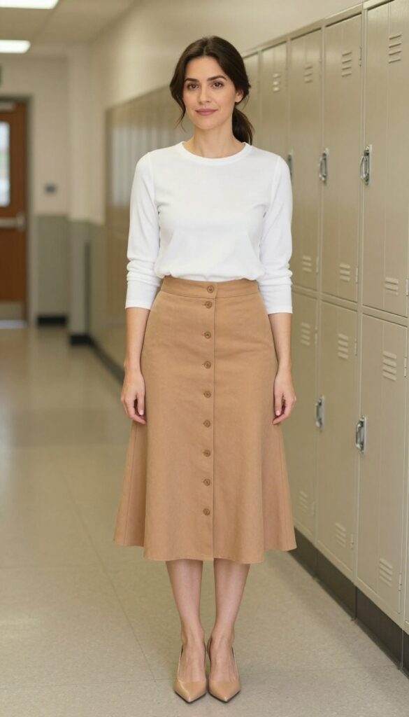 9. Button-Front Midi Skirt + Simple Top + Kitten Heels