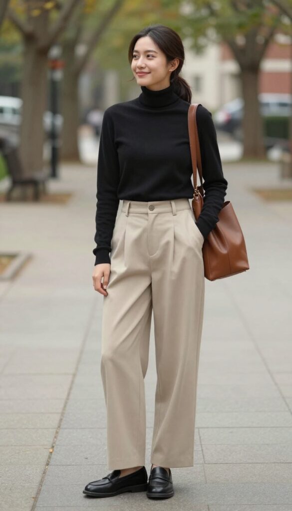 3. Turtleneck and Wide-Leg Trousers