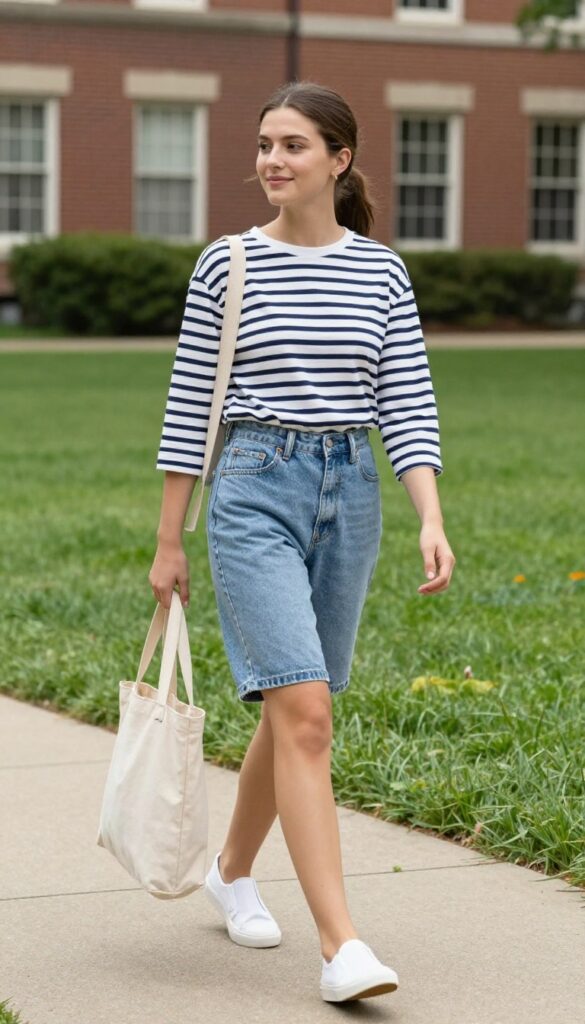 2. Striped Long-Sleeve Tee + High-Waisted Shorts + Slip-On Sneakers