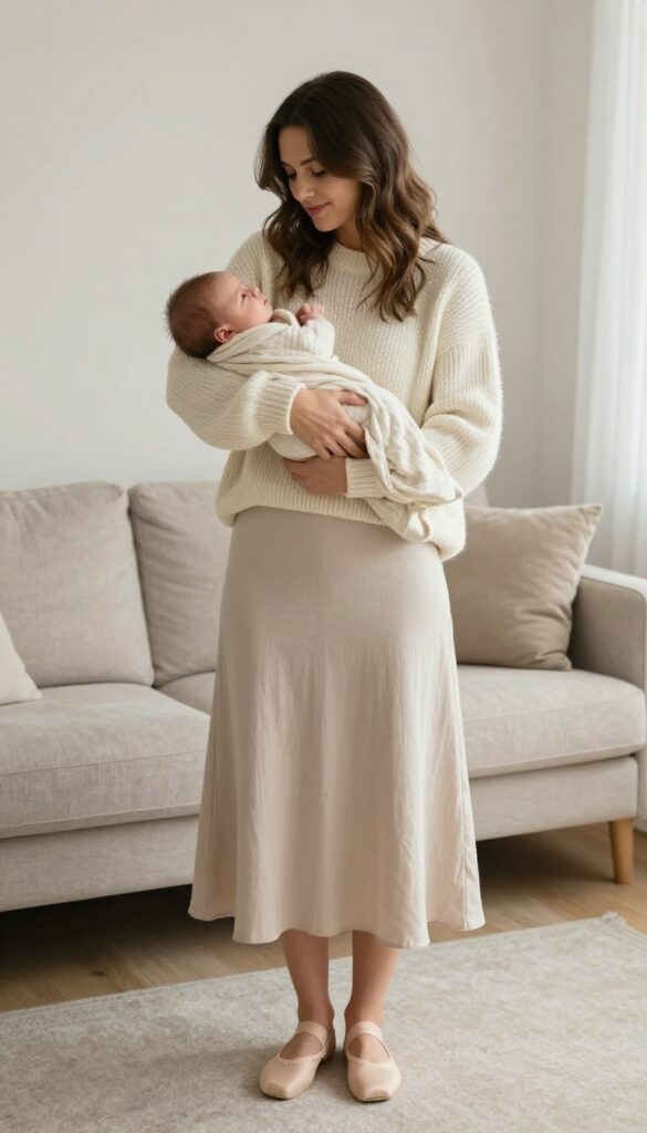 1. Cream Knit Sweater and Flowy Maxi Skirt