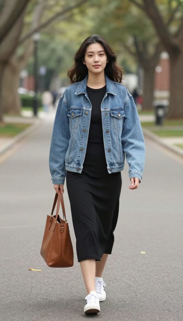4. Denim Jacket and Midi Dress