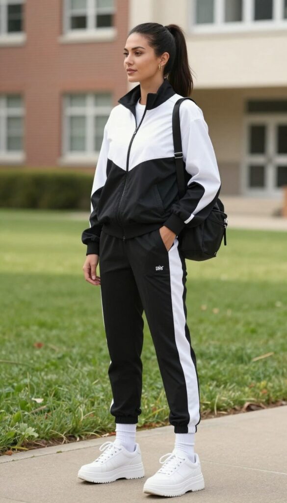 9. Track Jacket + Bike Shorts + Chunky Sneakers