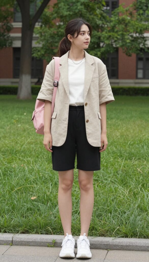 6. Short-Sleeve Blazer with Bike Shorts