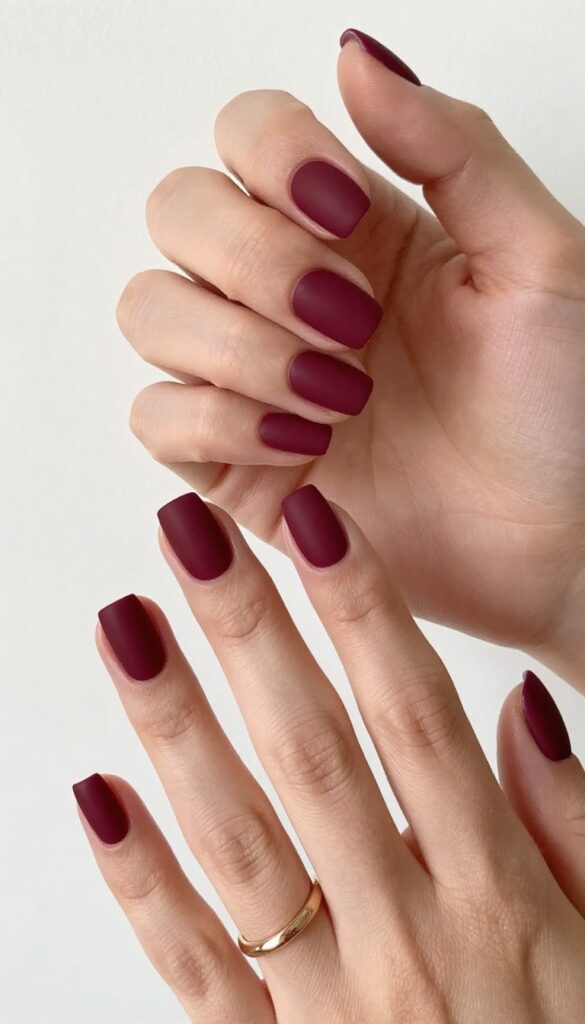 Short square nails in matte merlot with a glossy accent nail on the ring finger