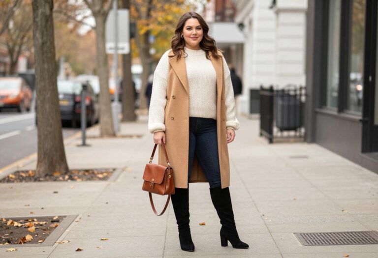 Plus size woman in knee high boots with skinny jeans and oversized sweater