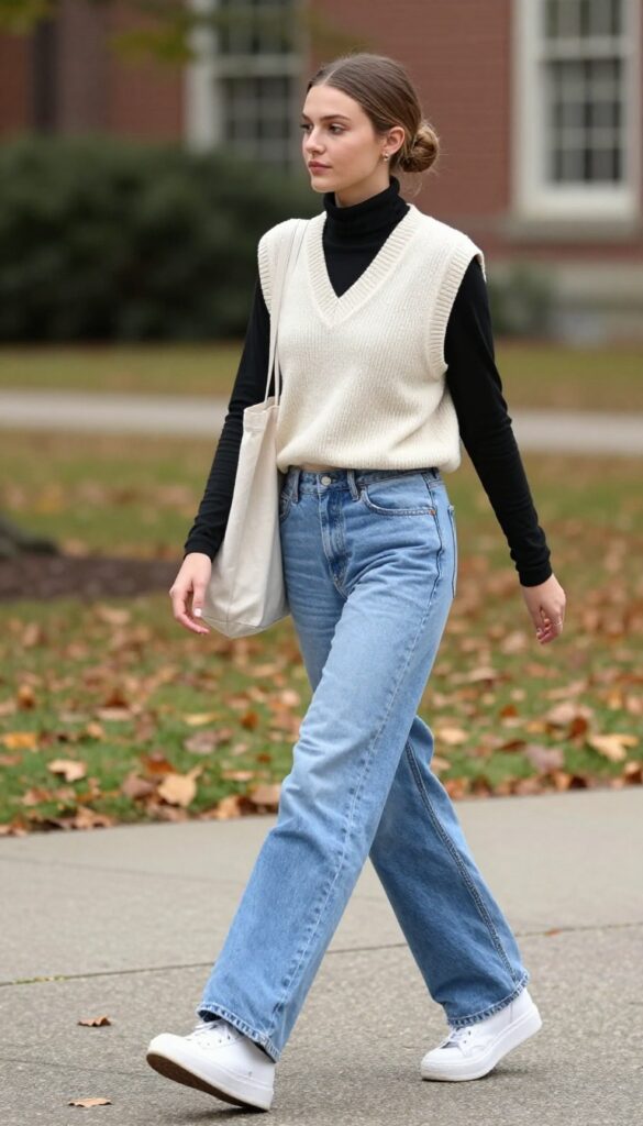 13. Knit Vest and Wide-Leg Jeans