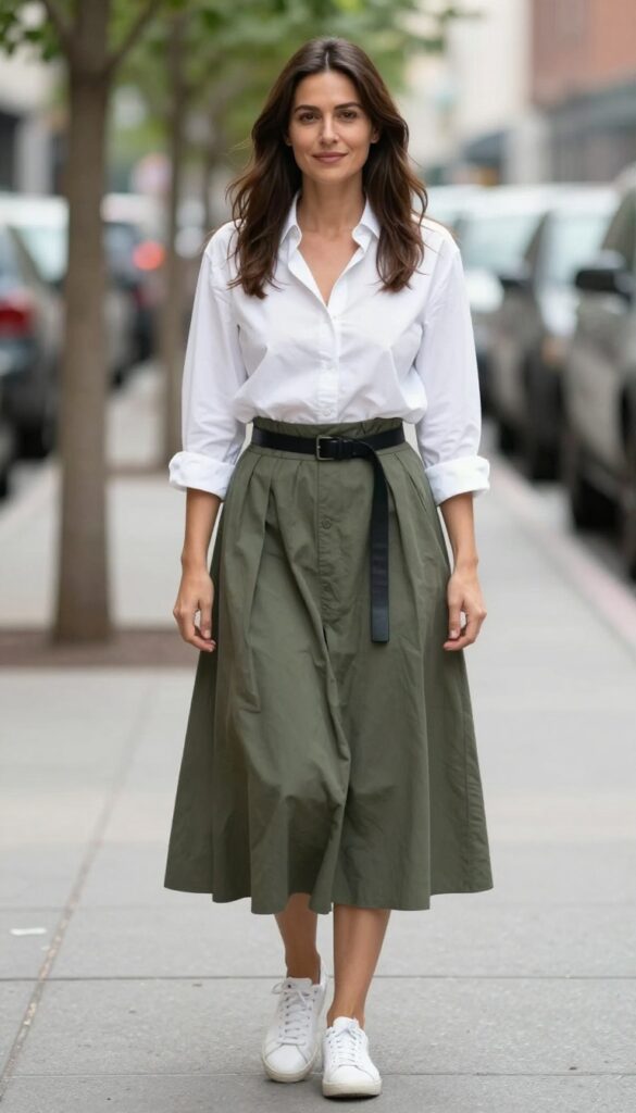 3. Button-Down Shirt (Half-Tucked) + Midi Skirt + Belt Bag