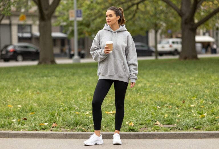 Mom wearing oversized hoodie and biker shorts with sneakers in a park