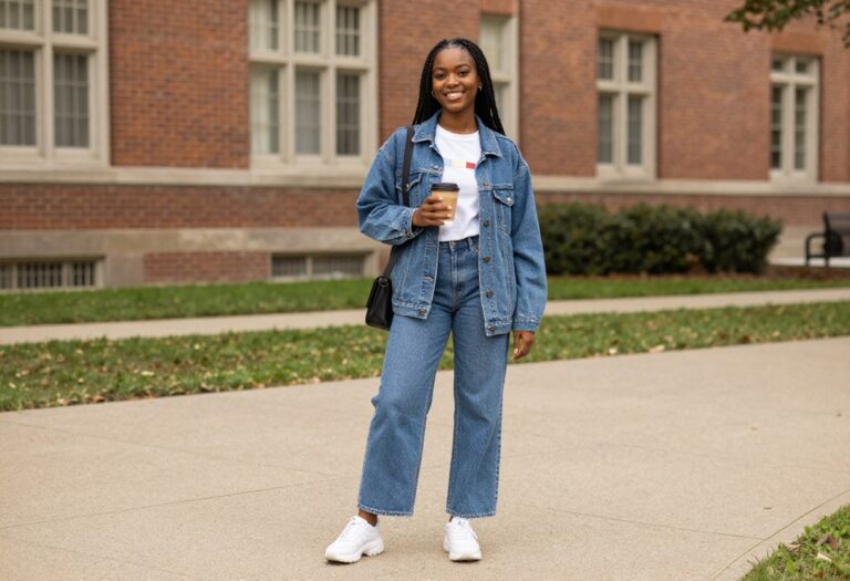 Black woman in denim jacket, graphic tee, wide-leg jeans, and sneakers on campus
