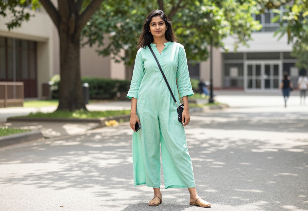 Young Indian woman in mint green kurta and palazzo pants on college campus