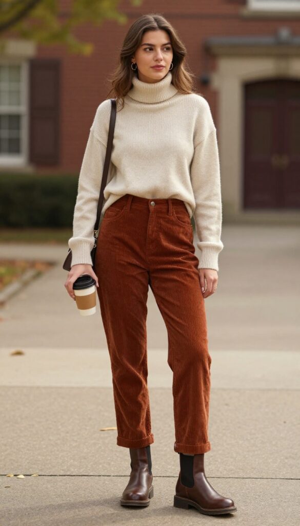 9. Corduroy Pants + Turtleneck + Chelsea Boots