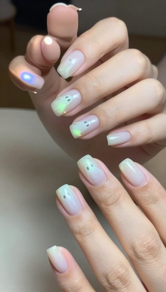 Glow-in-the-dark ghost nails with milky white base and tiny glowing ghost silhouettes in dim lighting