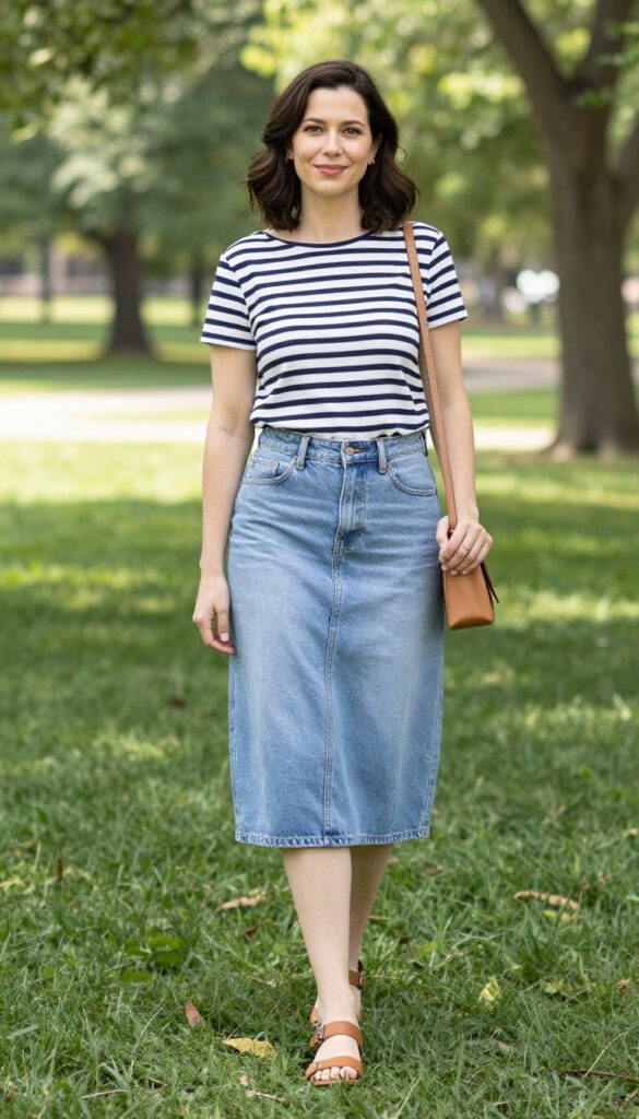4. The Denim Skirt and Striped Tee Combo