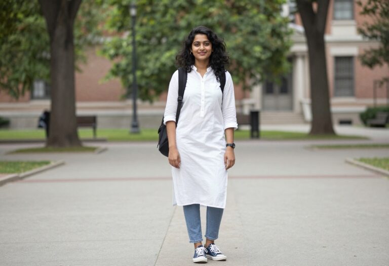 Indian college woman in cotton kurti and jeans on campus