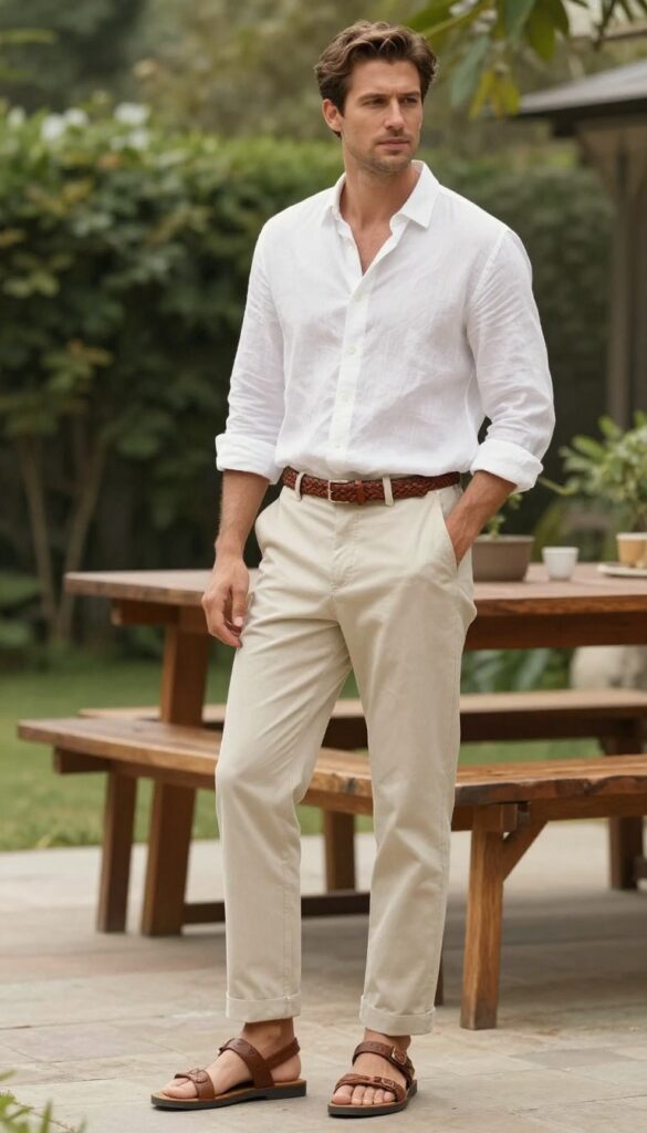 8. White Linen Shirt with Beige Trousers