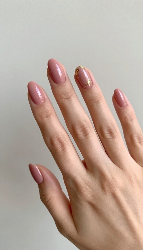 Dusty rose nails with gold foil accents on almond-shaped nails, glossy finish