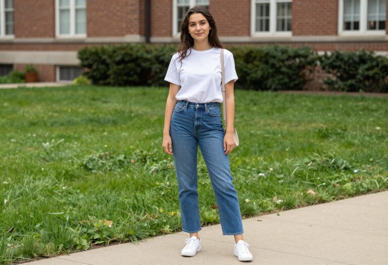 Young woman in white tee and jeans on campus