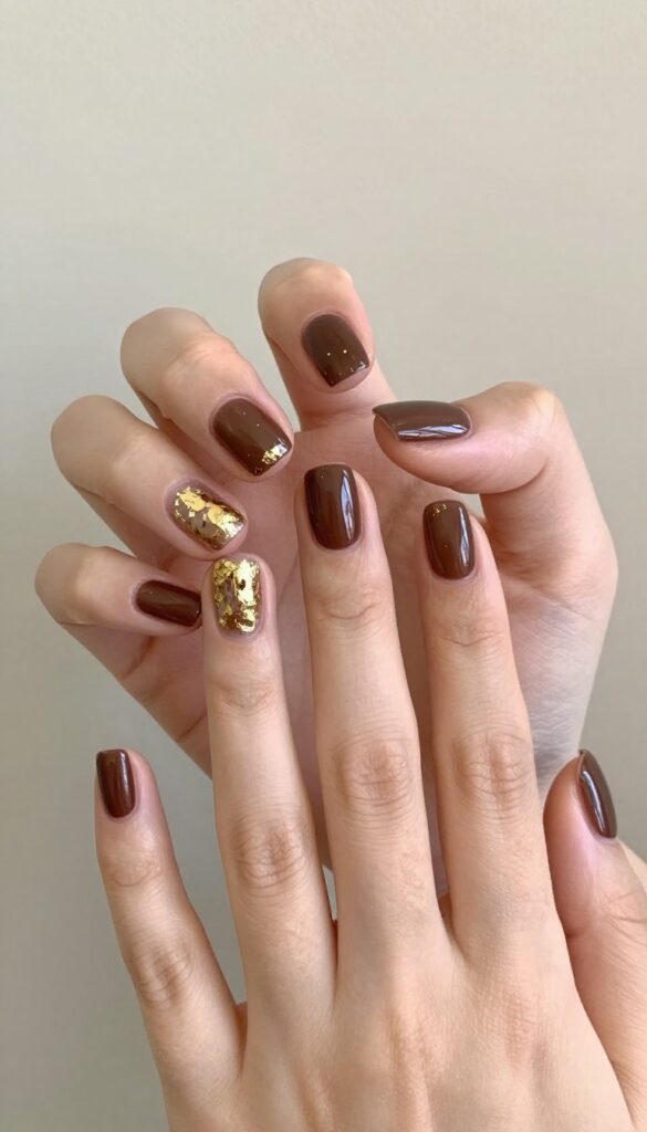 Short square chocolate brown nails with gold foil accents on ring finger and thumb