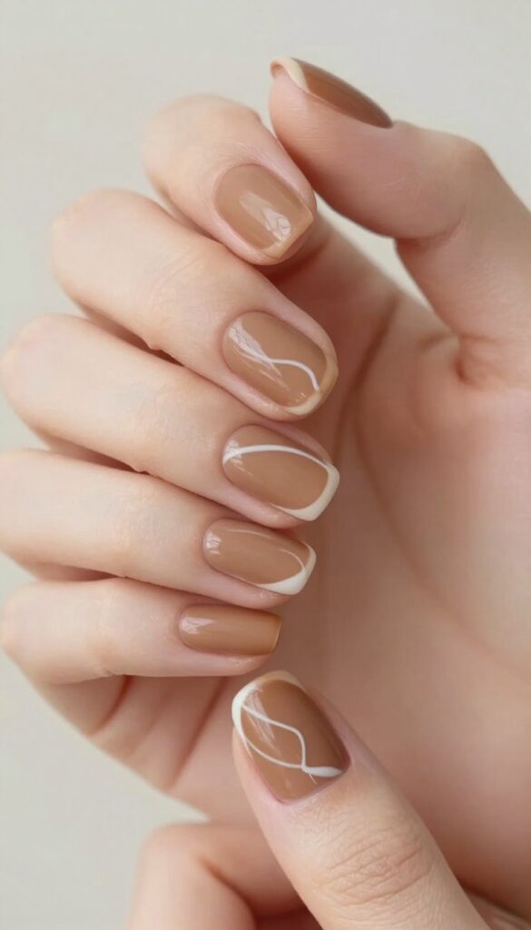 Cappuccino swirl nails with matte brown base and white swirl design