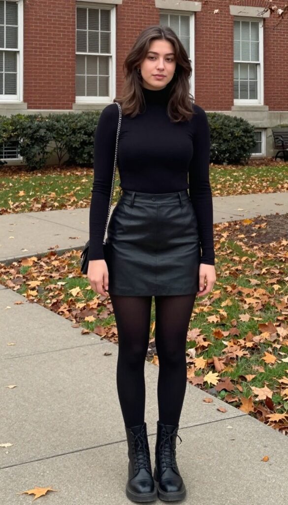 8. Turtleneck + Leather Skirt + Combat Boots