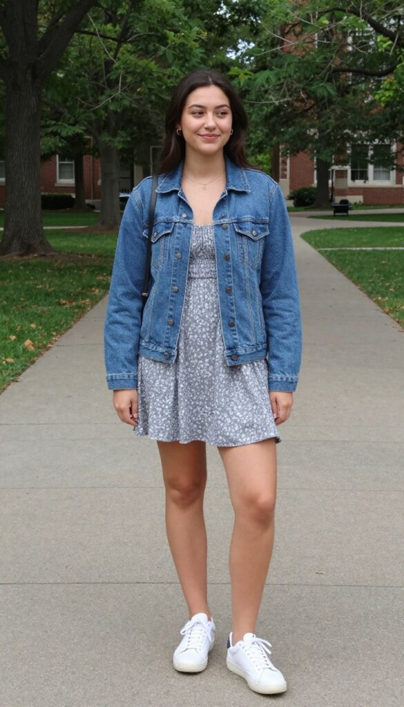 6. Denim Jacket Over a Sundress with White Sneakers