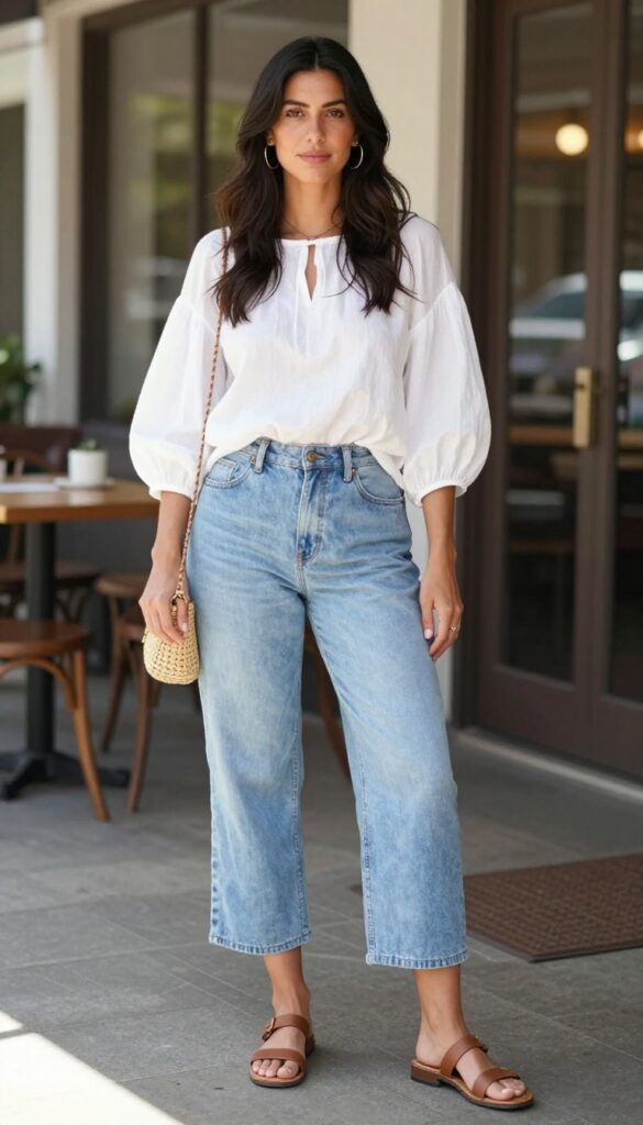 14. Puff-Sleeve Top with Wide-Leg Cropped Pants
