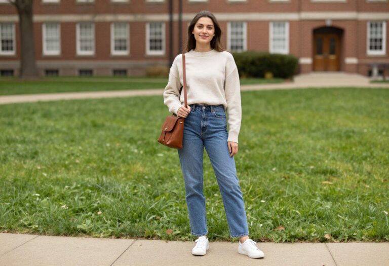 Young woman in casual school outfit with jeans, sweater, and sneakers on campus