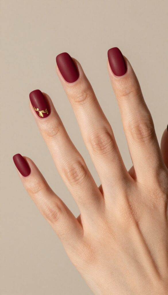 Matte bordeaux nails with gold leaf accent on ring finger