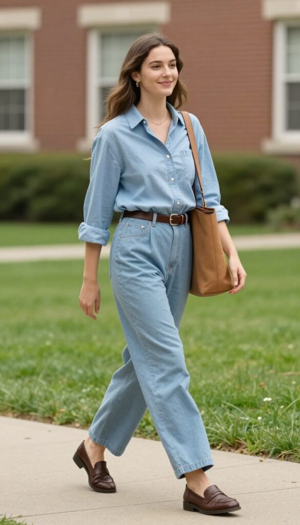 3. Button-Up Shirt + High-Waisted Trousers + Loafers