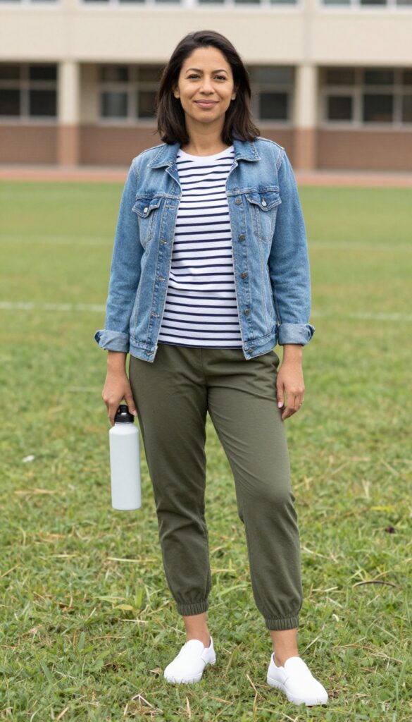 2. Denim Jacket over a Striped Top and Joggers