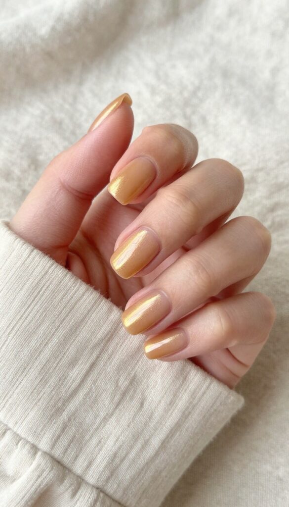 Toasted almond shimmer nails with golden glow
