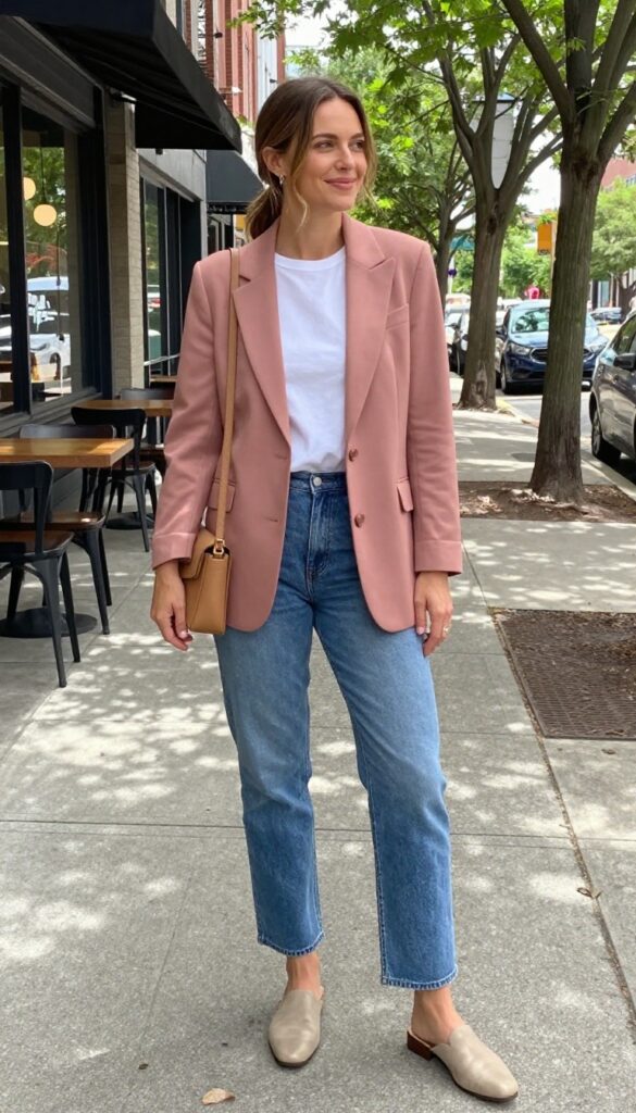 11. Rose Pink Blazer with Straight-Leg Jeans
