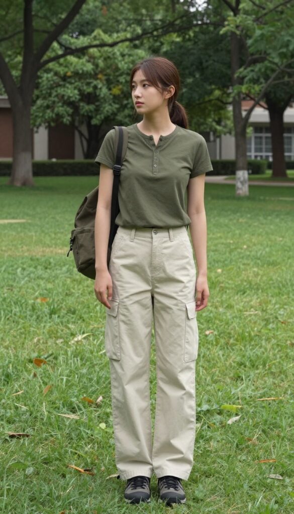 12. Henley Shirt, Straight-Leg Cargo Pants, and Hiking Sneakers