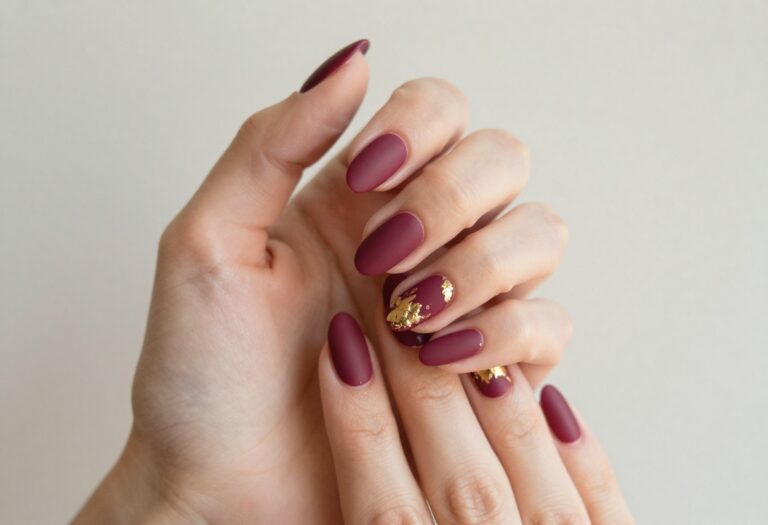 Elegant fall nail art with matte merlot nails and gold foil accents