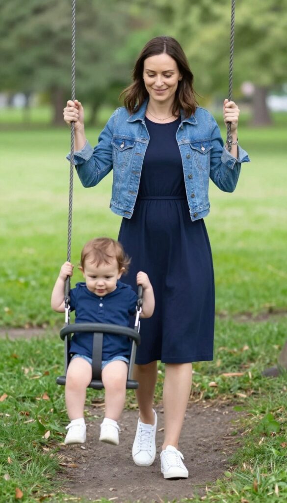 2. Midi Dress + Denim Jacket + White Sneakers
