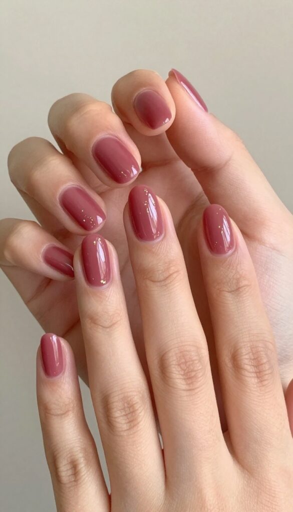 Cranberry dip powder nails with gold foil accents on almond shape