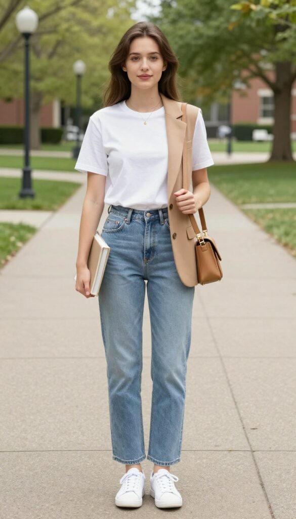2. Classic White Tee + High-Waisted Jeans + Blazer
