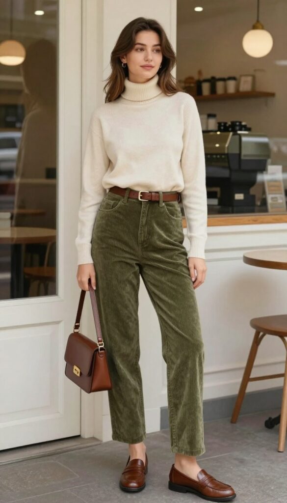 11. Neutral Turtleneck and Corduroy Pants