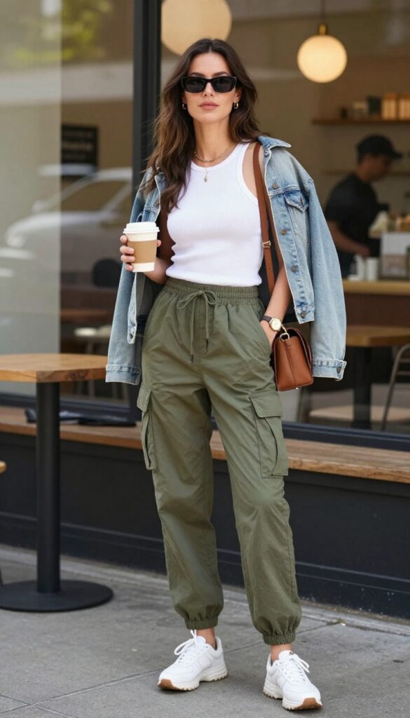 3. Cargo Joggers with a Fitted Tank and Denim Jacket