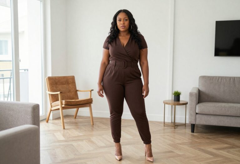 Plus size Black woman in chocolate brown jumpsuit posing in living room