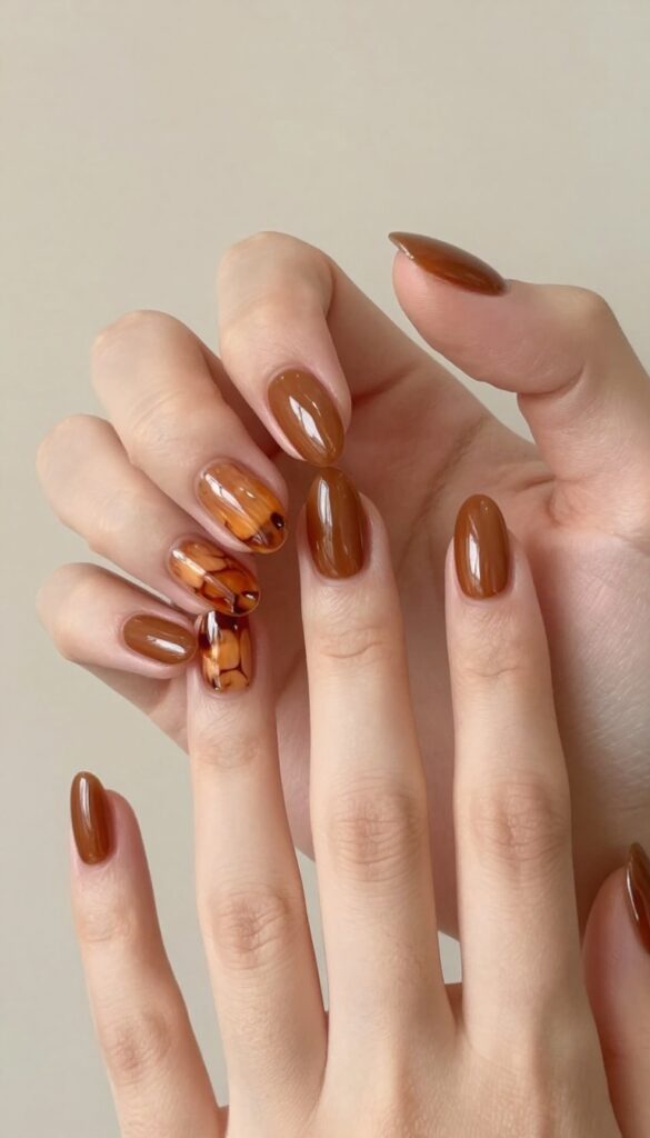 Tortoiseshell accent nails with warm brown and orange marbled pattern on almond-shaped nails