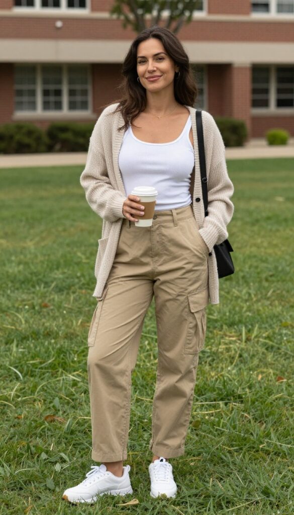 4. Cargo Pants with a Fitted Tank and Open Cardigan