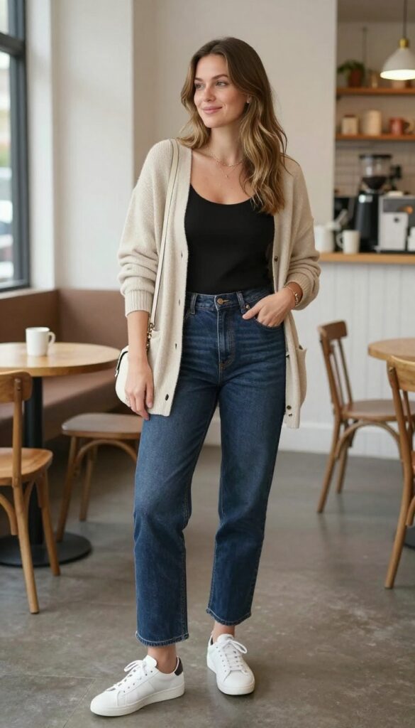 15. Cozy Cardigan as a Jacket with Jeans and a Camisole