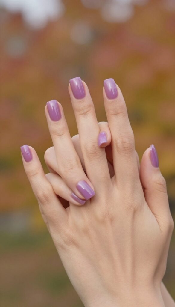 Grape jelly nails with short rounded shape and glossy translucent purple finish